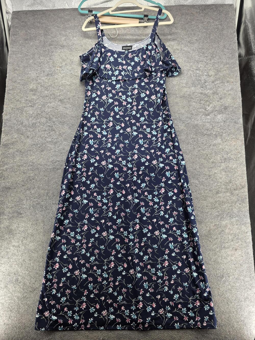 Nina Leonard Dress Womens Large Navy Floral Cold Shoulder Maxi Stretch Summer
